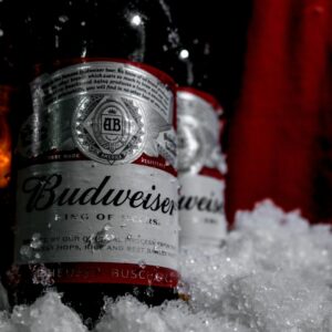 two bottles of budweiser sit in the snow